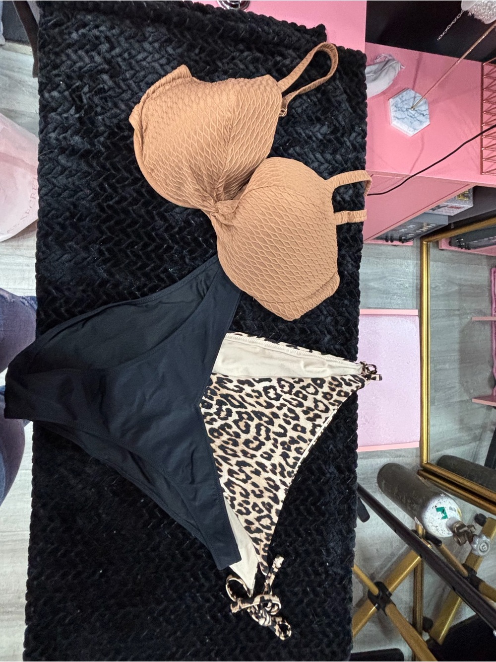 Victoria's Secret Tan Textured Bikini Top with Black & Leopard Bottoms